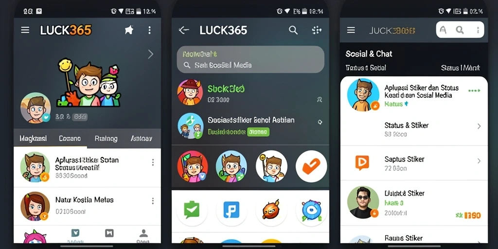 Antarmuka aplikasi LUCK365 dengan stiker dan status kreatif.
